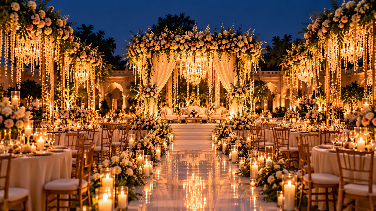 Floral wedding arch with white drapes